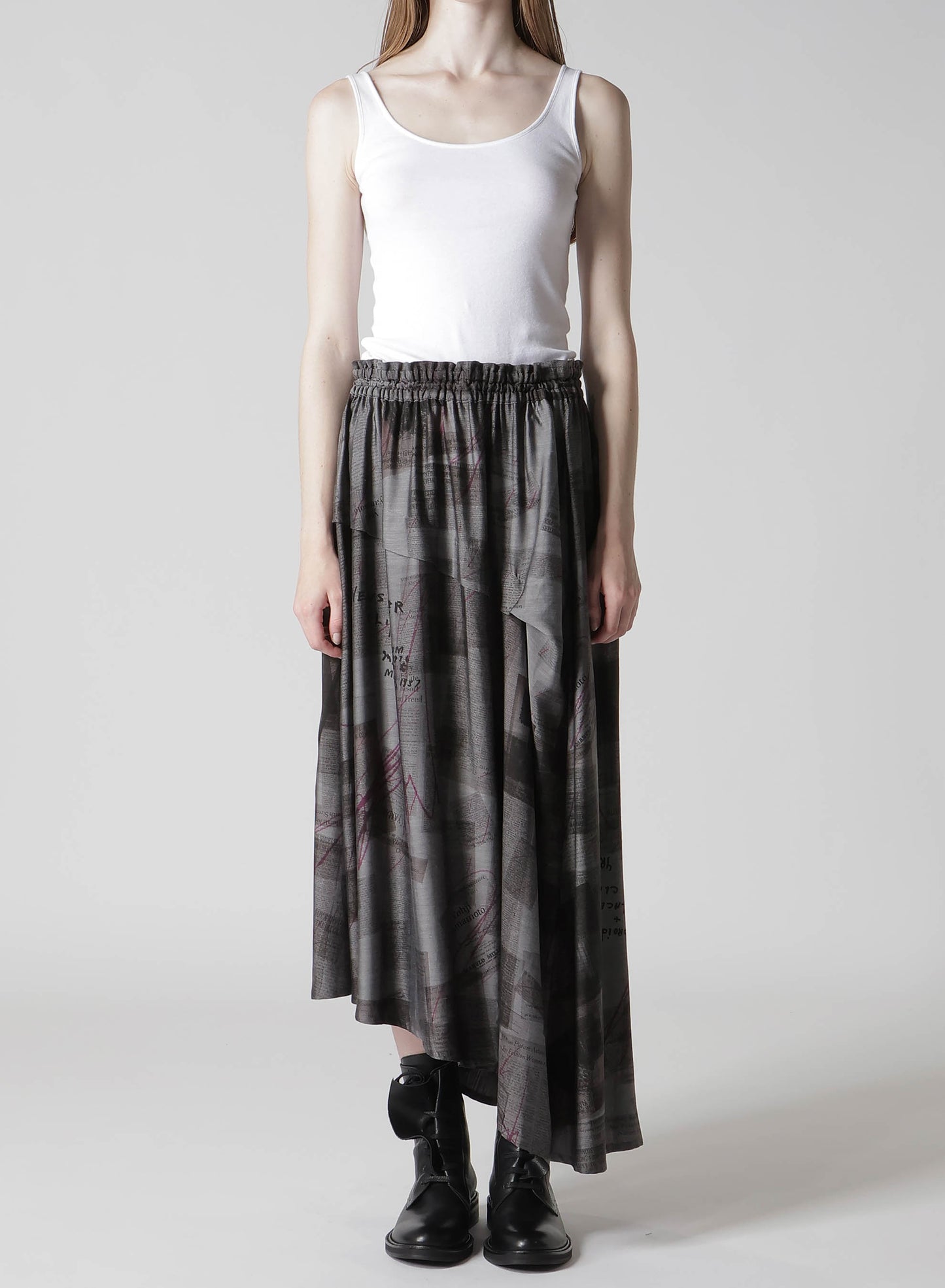 CUPRO DUNGAREE TWILL NEWSPAPER PRINT ASYMMETRIC SKIRT