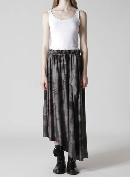 CUPRO DUNGAREE TWILL NEWSPAPER PRINT ASYMMETRIC SKIRT