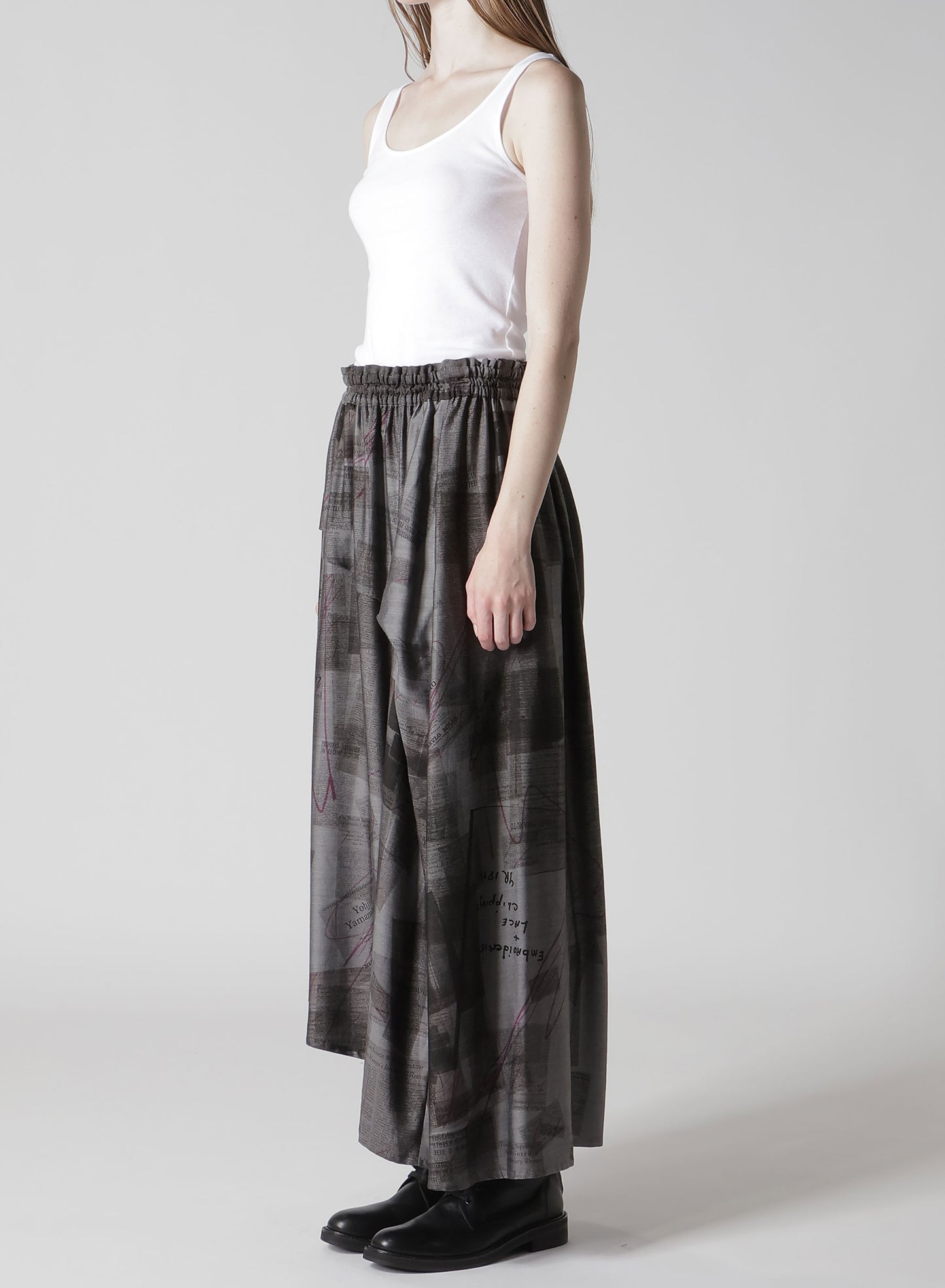 CUPRO DUNGAREE TWILL NEWSPAPER PRINT ASYMMETRIC SKIRT