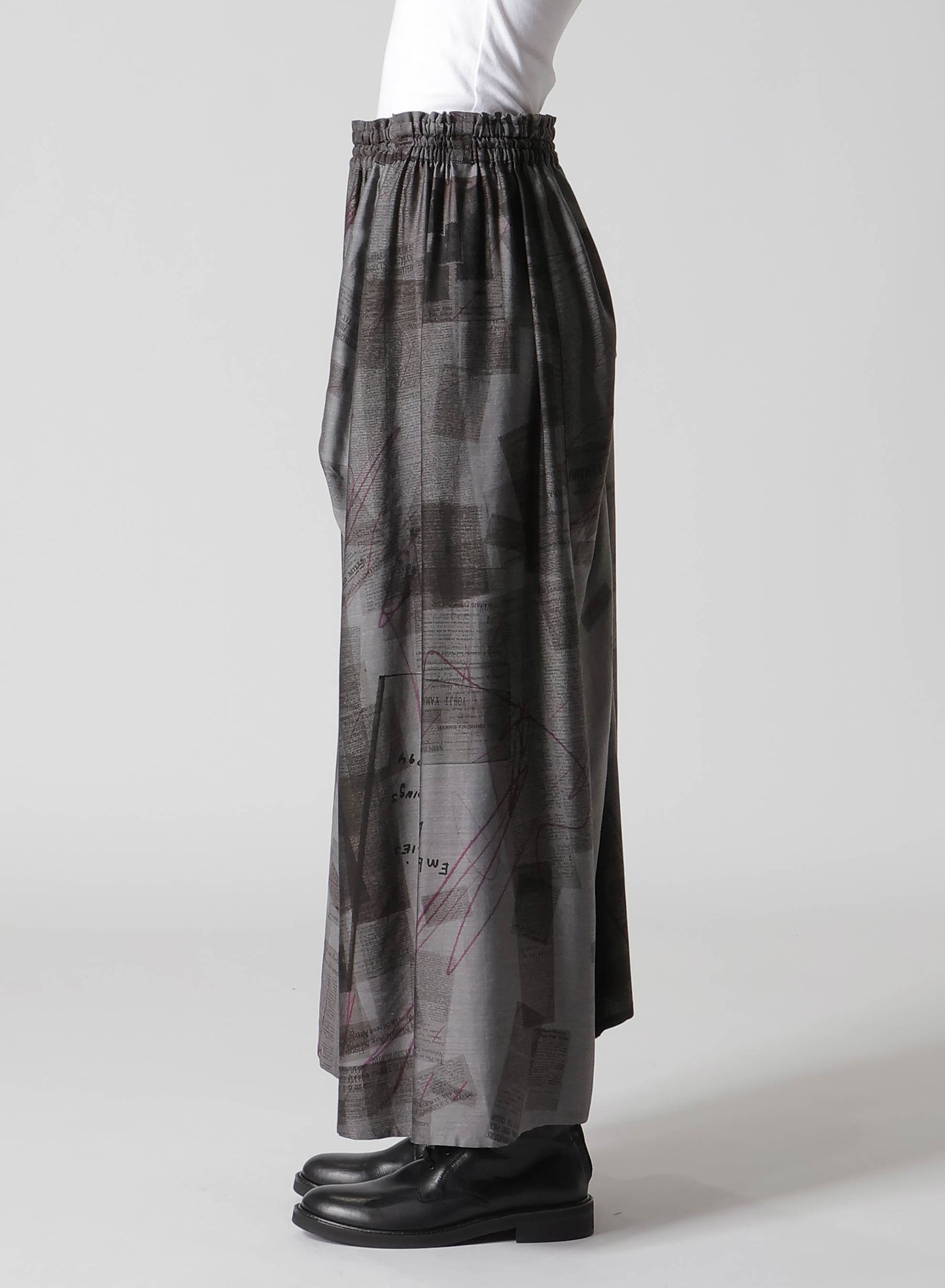 CUPRO DUNGAREE TWILL NEWSPAPER PRINT ASYMMETRIC SKIRT