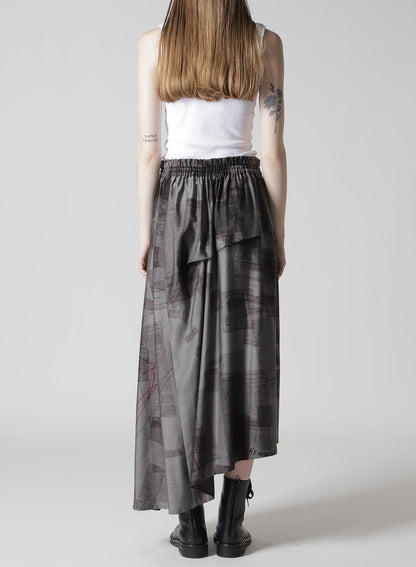 CUPRO DUNGAREE TWILL NEWSPAPER PRINT ASYMMETRIC SKIRT