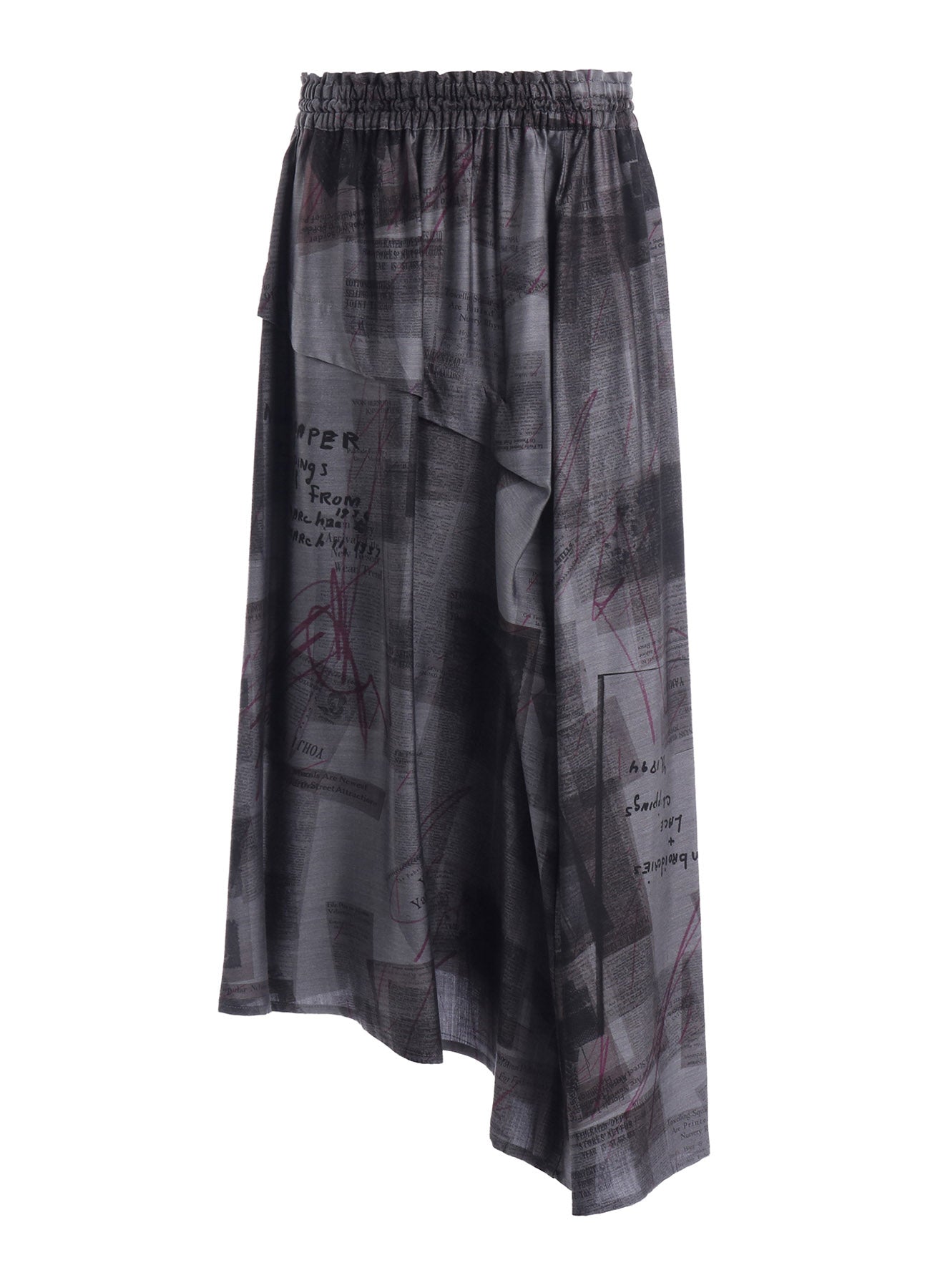 CUPRO DUNGAREE TWILL NEWSPAPER PRINT ASYMMETRIC SKIRT
