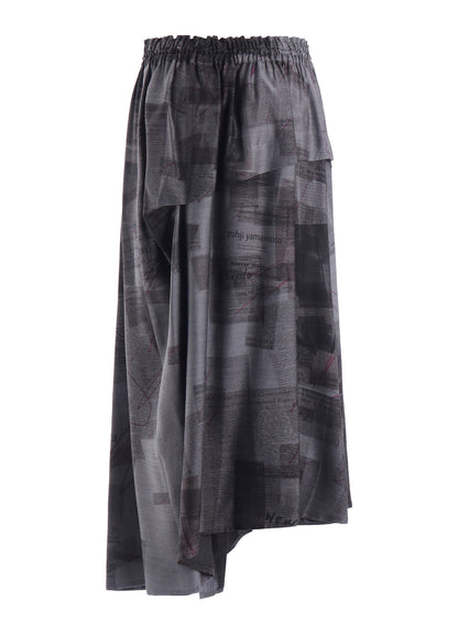 CUPRO DUNGAREE TWILL NEWSPAPER PRINT ASYMMETRIC SKIRT