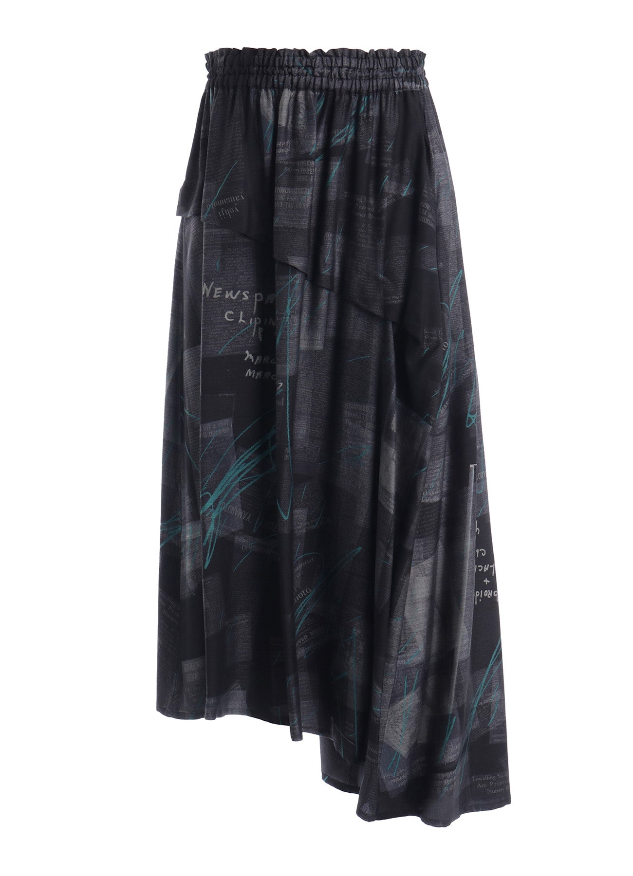 CUPRO DUNGAREE TWILL NEWSPAPER PRINT ASYMMETRIC SKIRT