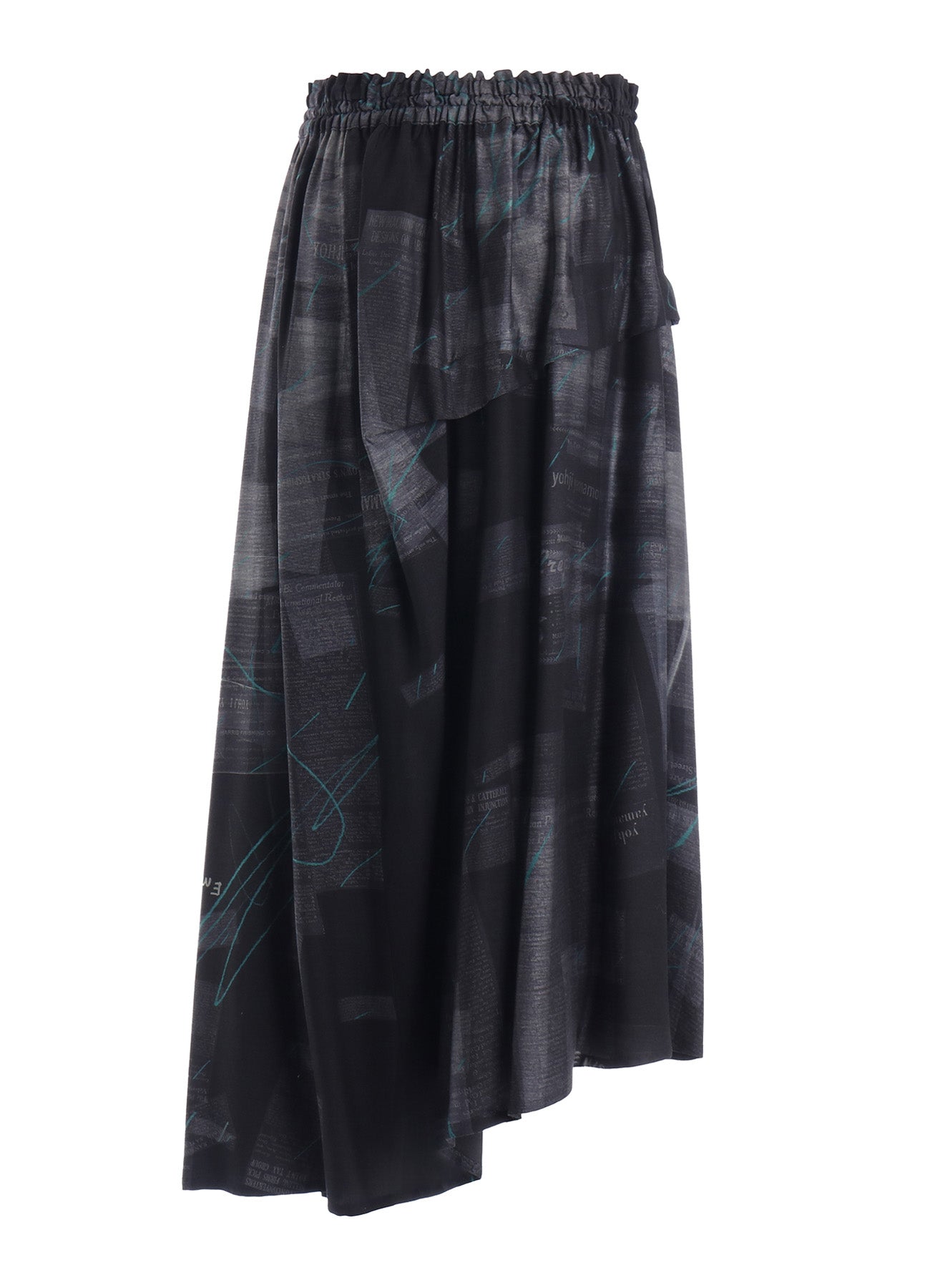 CUPRO DUNGAREE TWILL NEWSPAPER PRINT ASYMMETRIC SKIRT