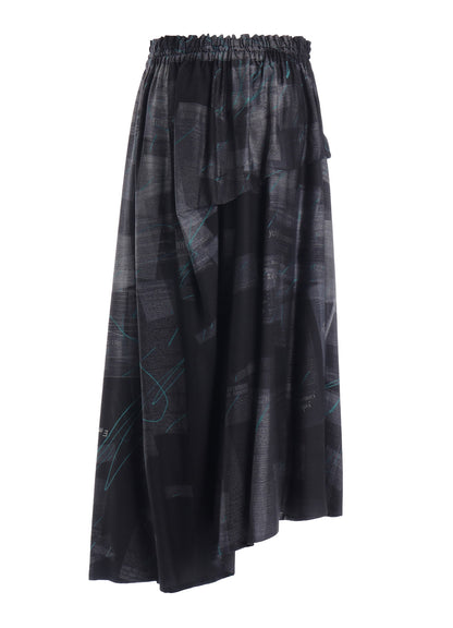 CUPRO DUNGAREE TWILL NEWSPAPER PRINT ASYMMETRIC SKIRT