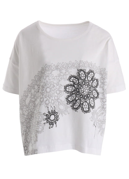 COTTON JERSEY LACE PRINT SHORT SLEEVE CROPED TEE
