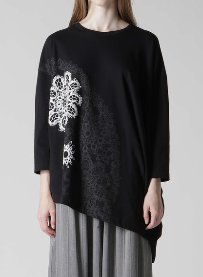 COTTON JERSEY LACE PRINT ASYMMETRIC DRAPE TEE