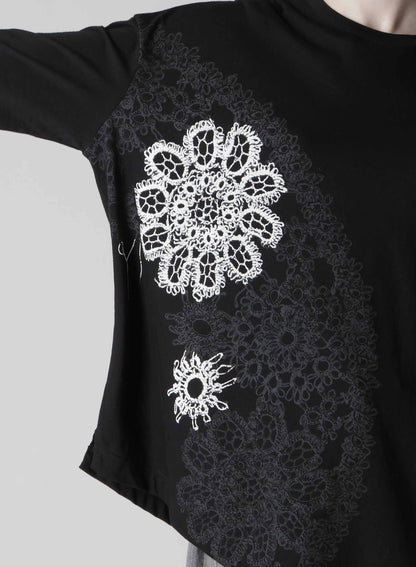 COTTON JERSEY LACE PRINT ASYMMETRIC DRAPE TEE