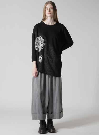COTTON JERSEY LACE PRINT ASYMMETRIC DRAPE TEE