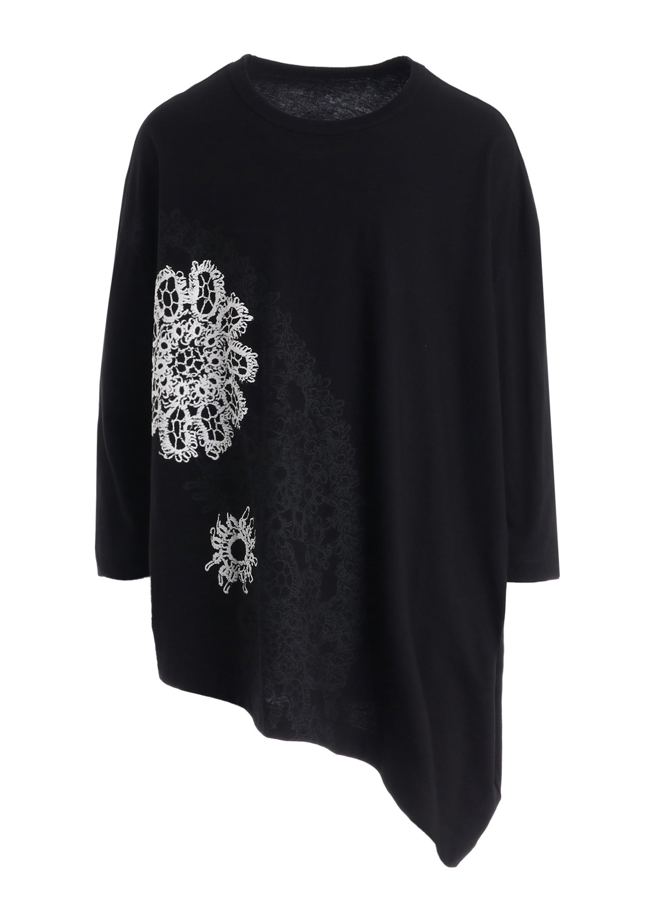 COTTON JERSEY LACE PRINT ASYMMETRIC DRAPE TEE