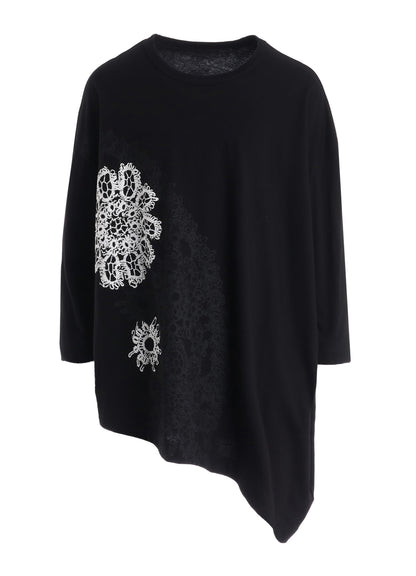 COTTON JERSEY LACE PRINT ASYMMETRIC DRAPE TEE