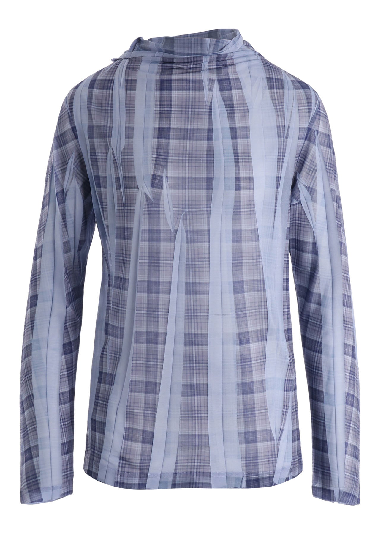 PLEATED PLAID PRINT OFF-NECK TEE