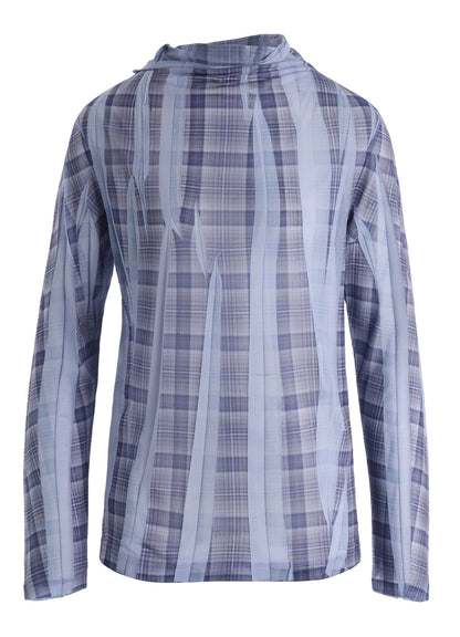 PLEATED PLAID PRINT OFF-NECK TEE