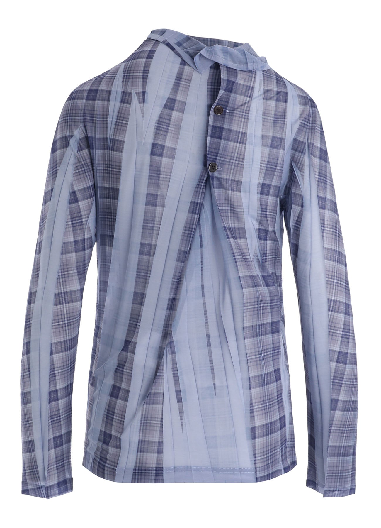 PLEATED PLAID PRINT OFF-NECK TEE