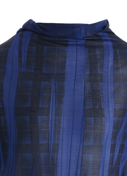 PLEATED PLAID PRINT OFF-NECK TEE