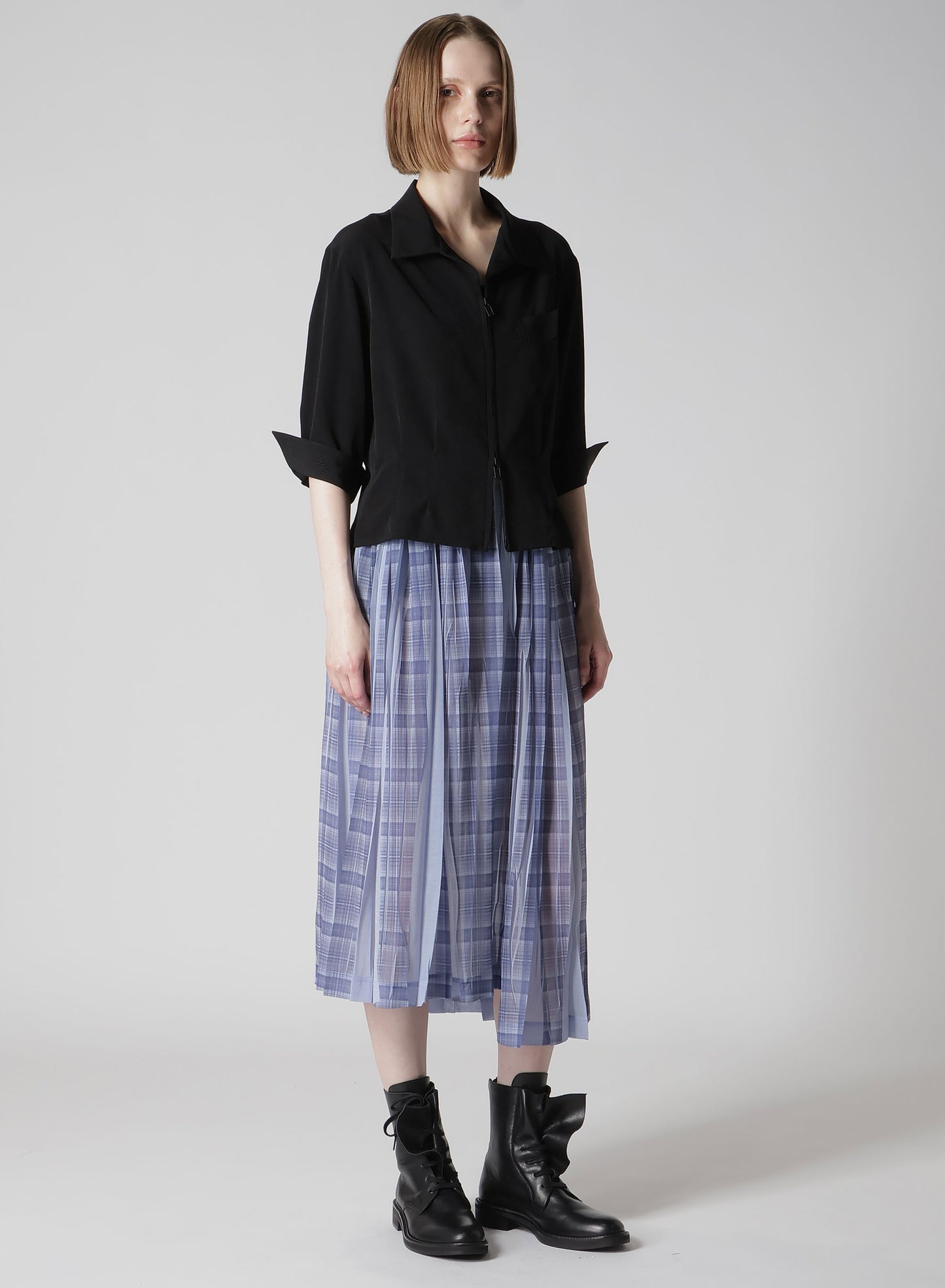 PLEATED PLAID PRINT ASYMMETRIC SKIRT