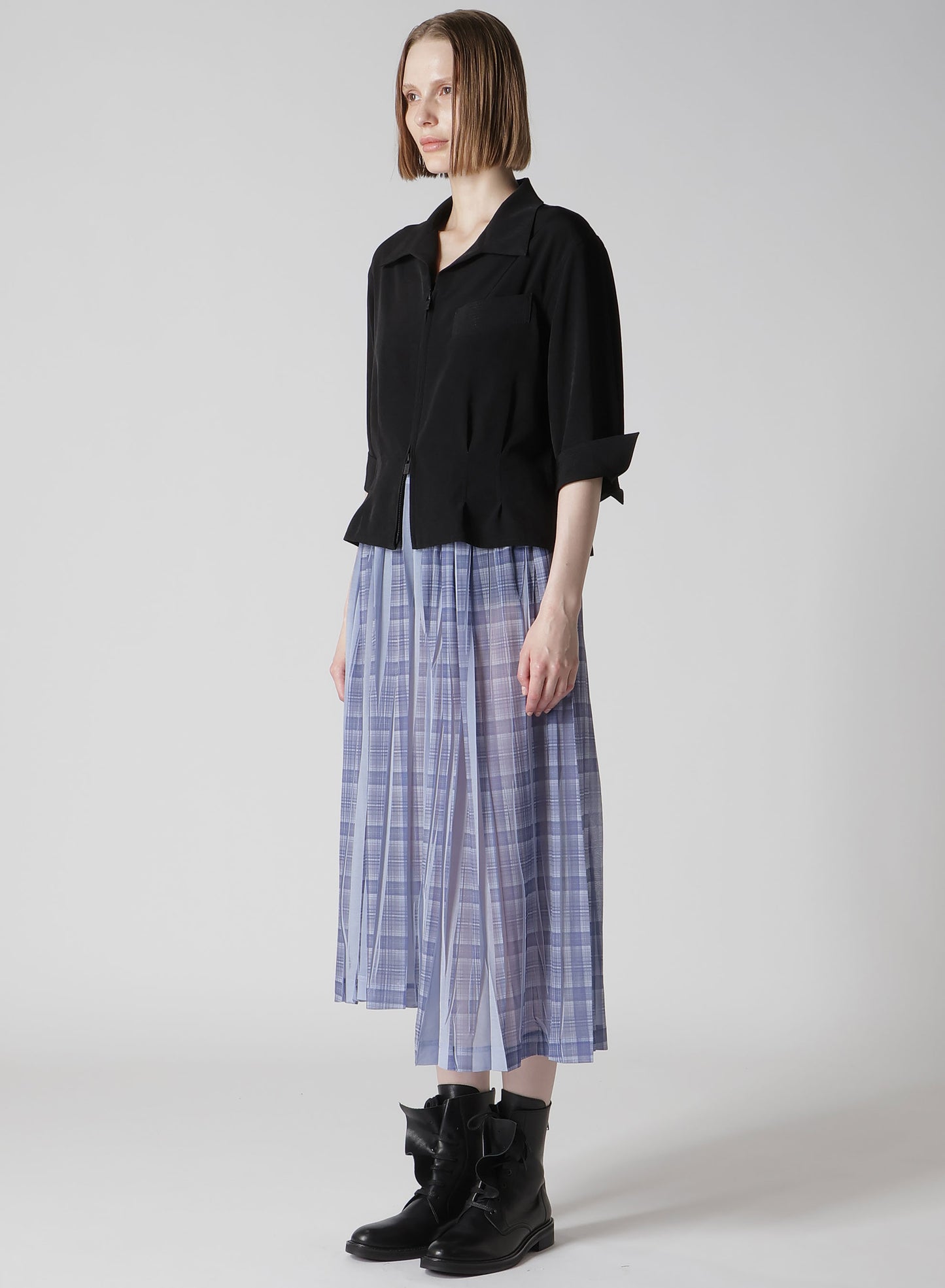 PLEATED PLAID PRINT ASYMMETRIC SKIRT