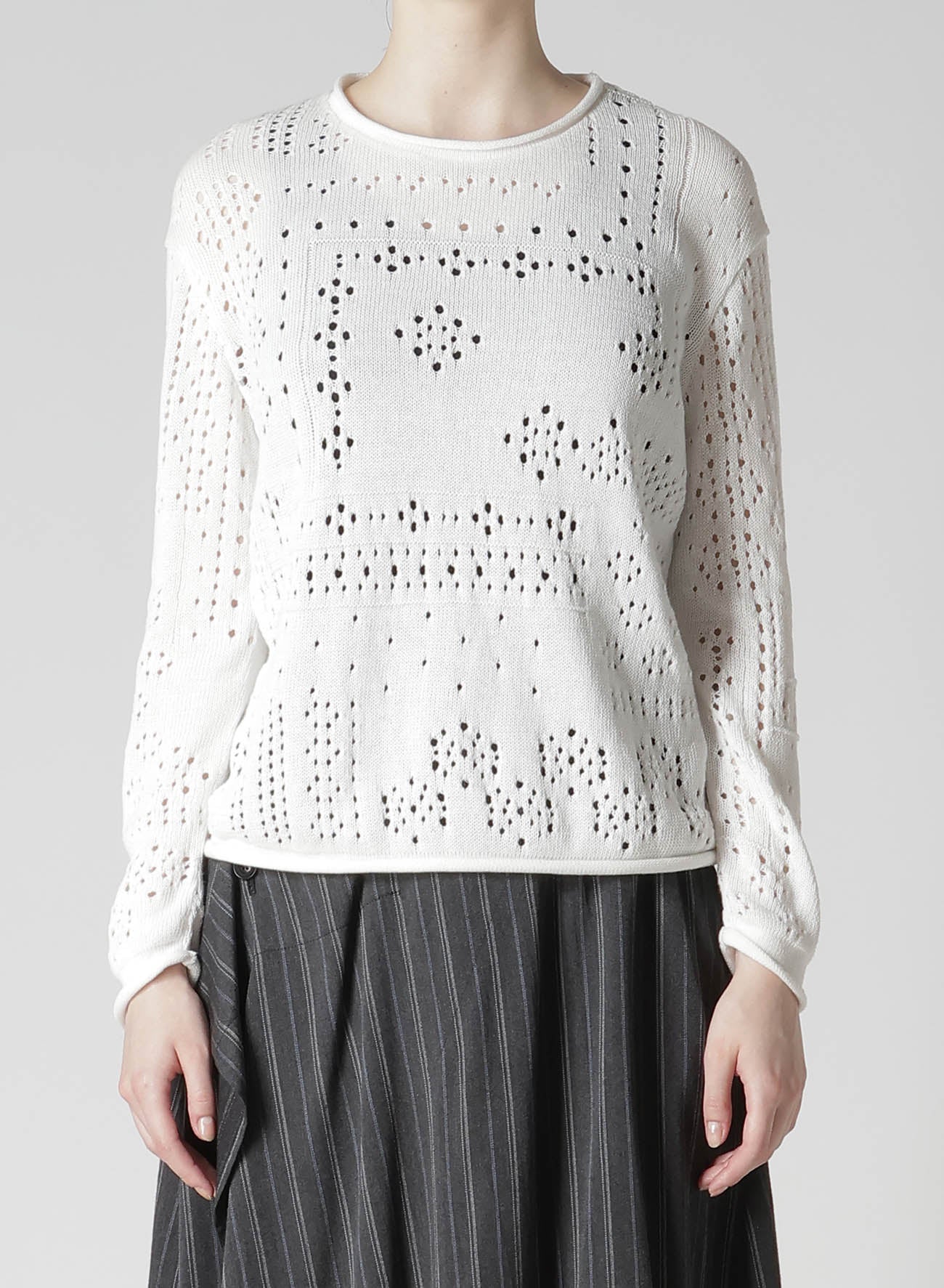 PATCHWORK LACE CURLED COLLAR ROUND NECK PULLOVER