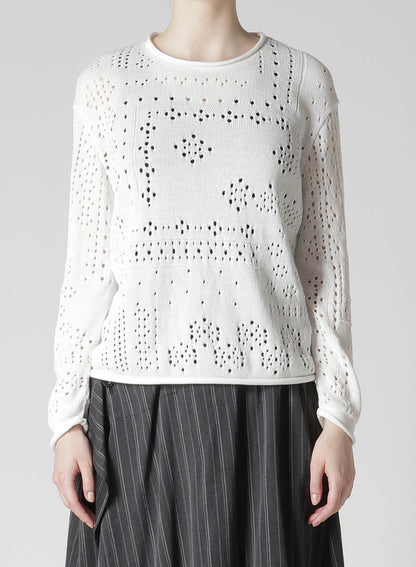 PATCHWORK LACE CURLED COLLAR ROUND NECK PULLOVER