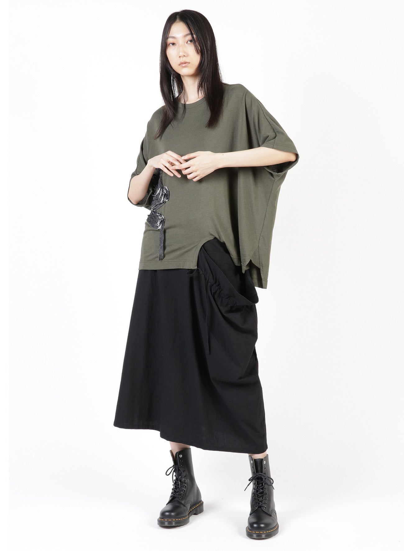 GAUZE JERSEY X RIB PANEL HIGH NECK SHORT SLEEVE TEE