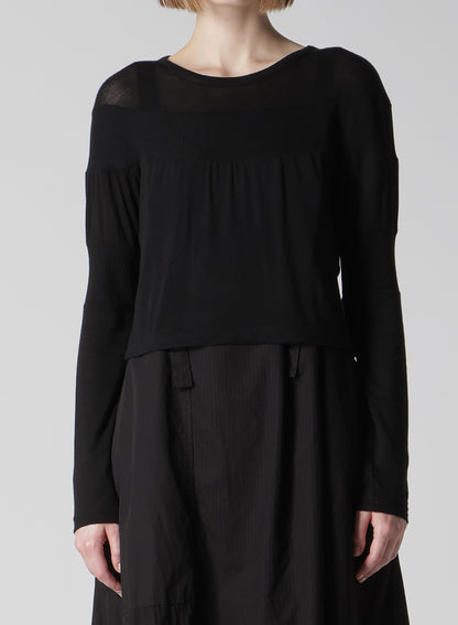 GAUZE JERSEY X RIB PANEL CROPPED ROUND NECK TEE