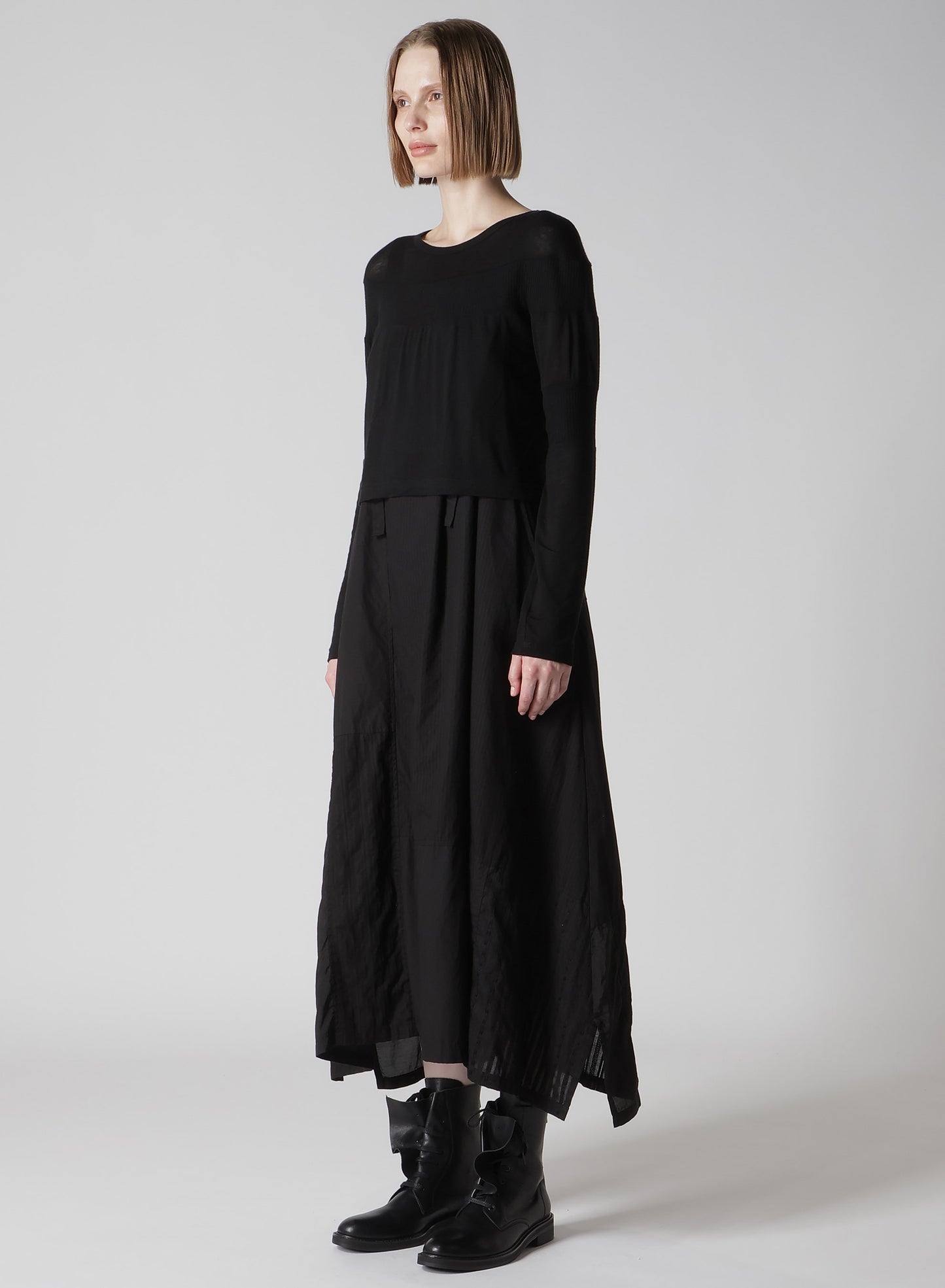 GAUZE JERSEY X RIB PANEL CROPPED ROUND NECK TEE