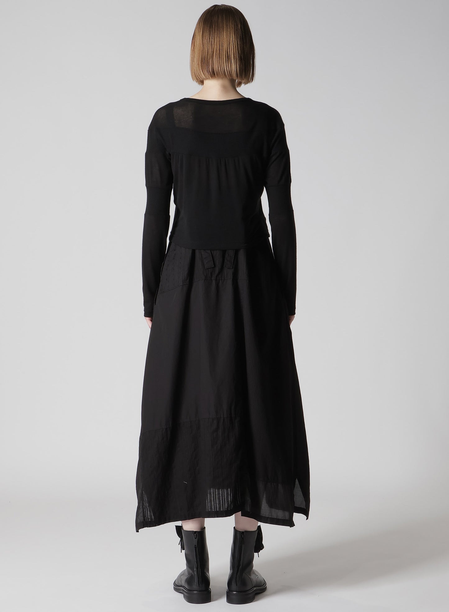 GAUZE JERSEY X RIB PANEL CROPPED ROUND NECK TEE