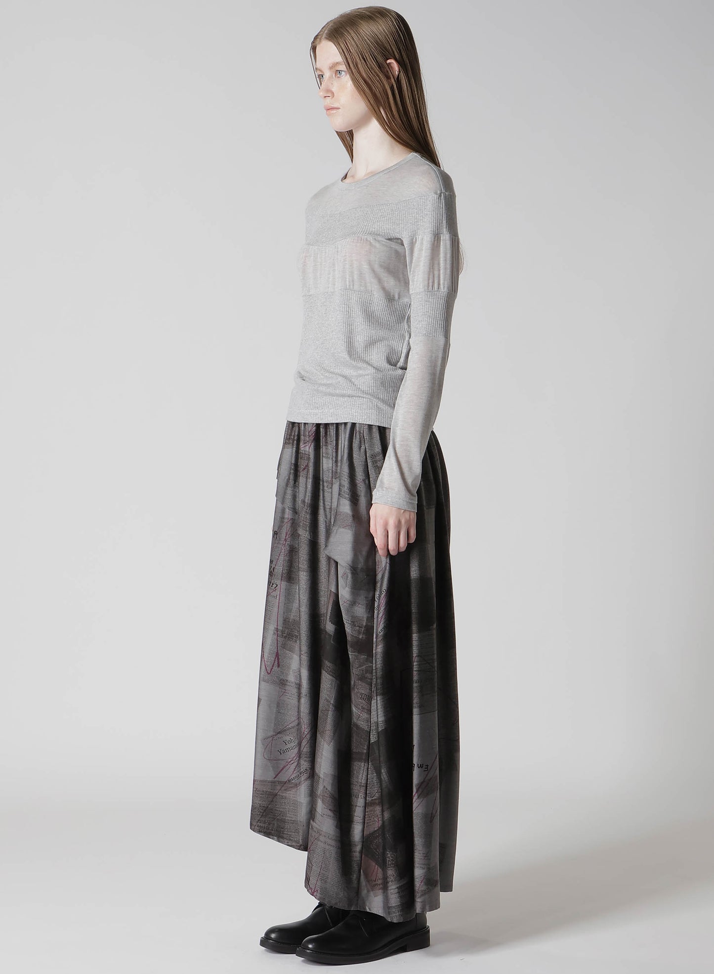 GAUZE JERSEY X RIB PANEL ROUND NECK LONG SLEEVE TEE