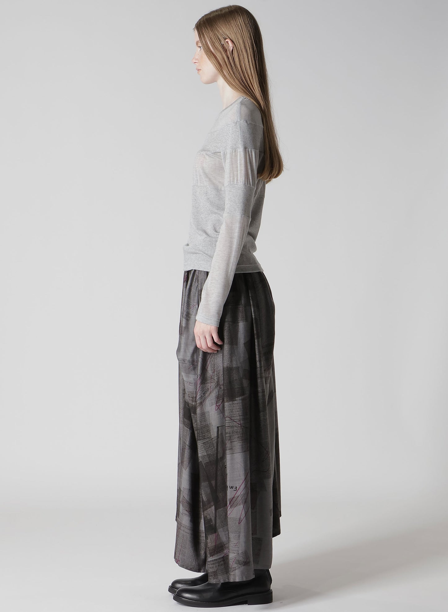 GAUZE JERSEY X RIB PANEL ROUND NECK LONG SLEEVE TEE