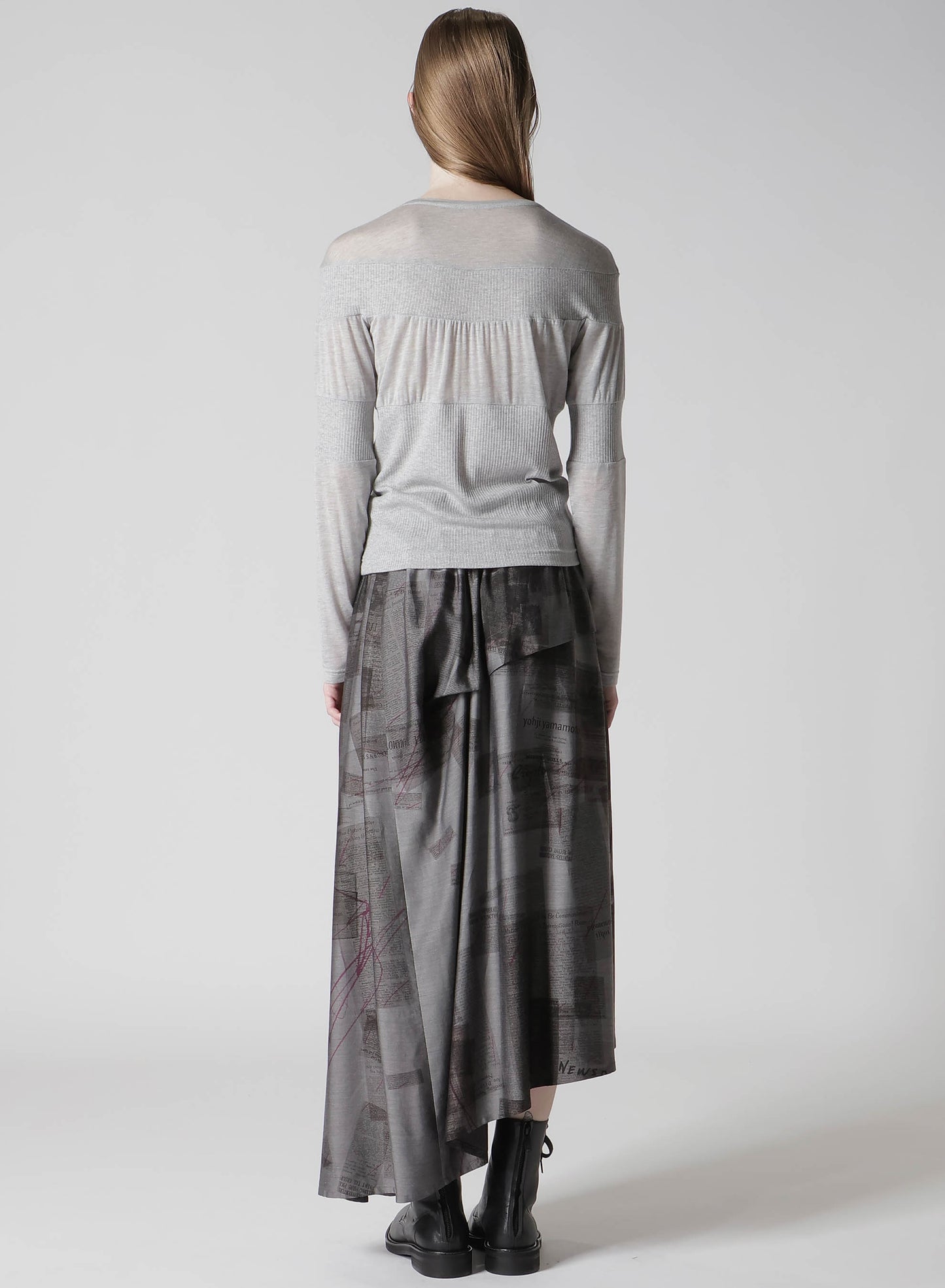 GAUZE JERSEY X RIB PANEL ROUND NECK LONG SLEEVE TEE