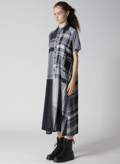 RAYON WRINKLED PLAID SHIRT DRESS