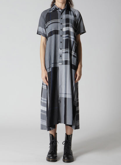 RAYON WRINKLED PLAID SHIRT DRESS