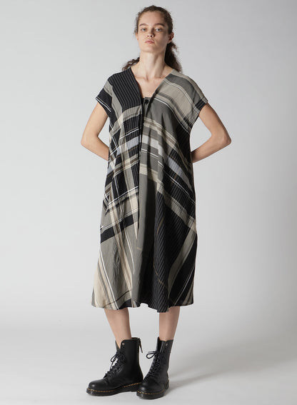 RAYON WRINKLED PLAID FRENCH SLEEVE DRESS