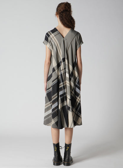 RAYON WRINKLED PLAID FRENCH SLEEVE DRESS