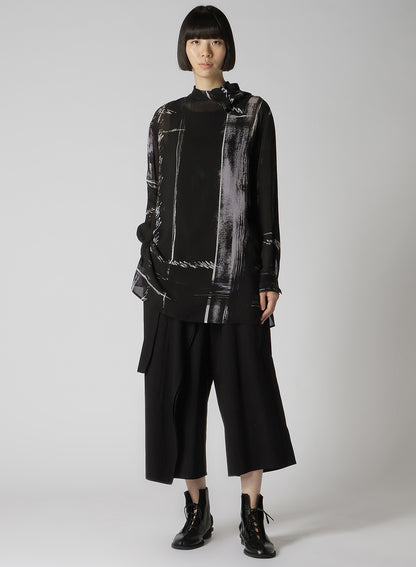 CU/ LAWN BLURRED CHECK BACK TIE BLOUSE