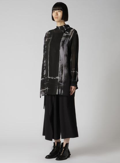 CU/ LAWN BLURRED CHECK BACK TIE BLOUSE