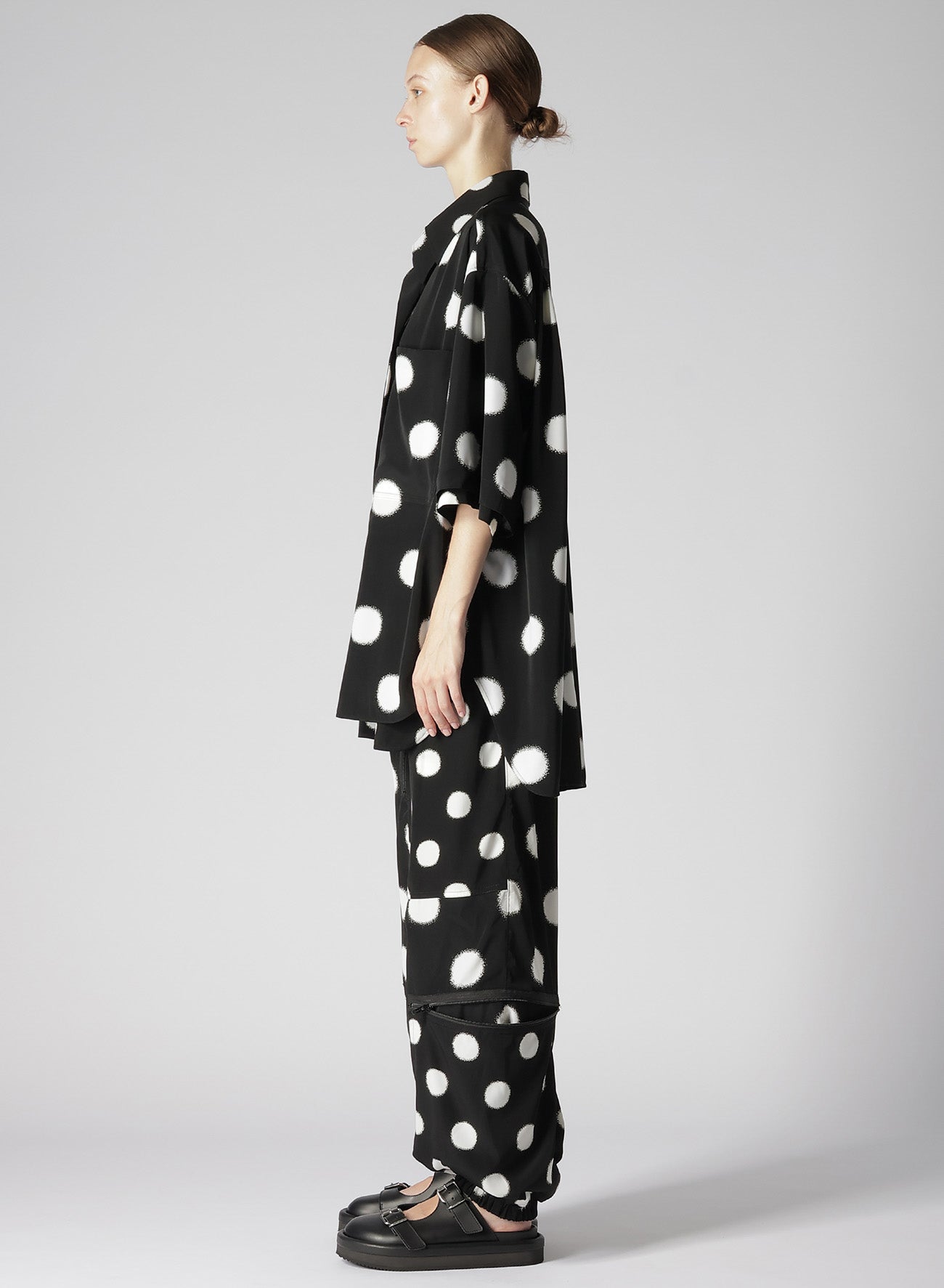 LARGE POLKA DOT CRAPE DE CHINE DOUBLE LAYERED HALF SLEEVE SHIRT