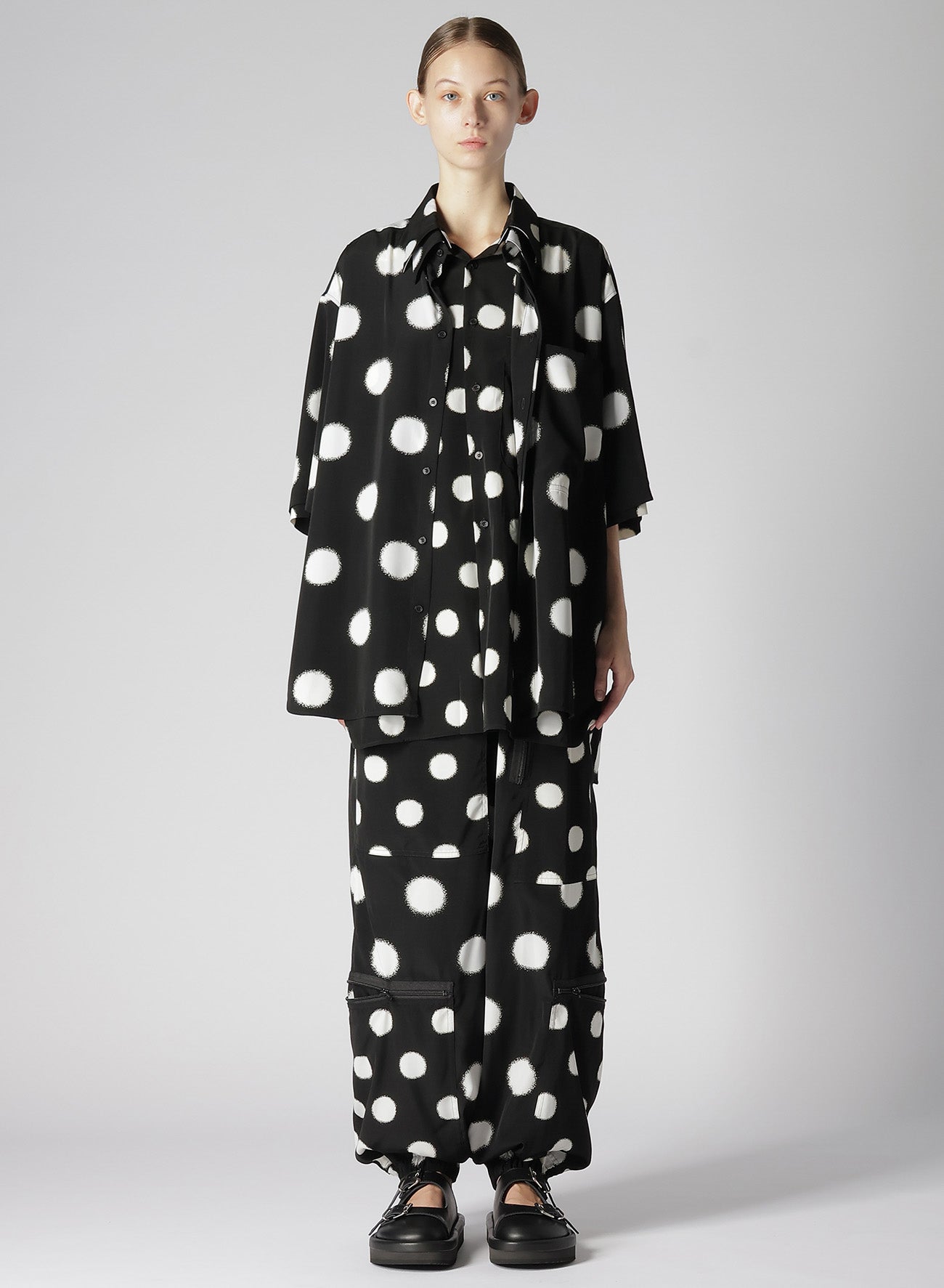 LARGE POLKA DOT CRAPE DE CHINE DOUBLE LAYERED HALF SLEEVE SHIRT