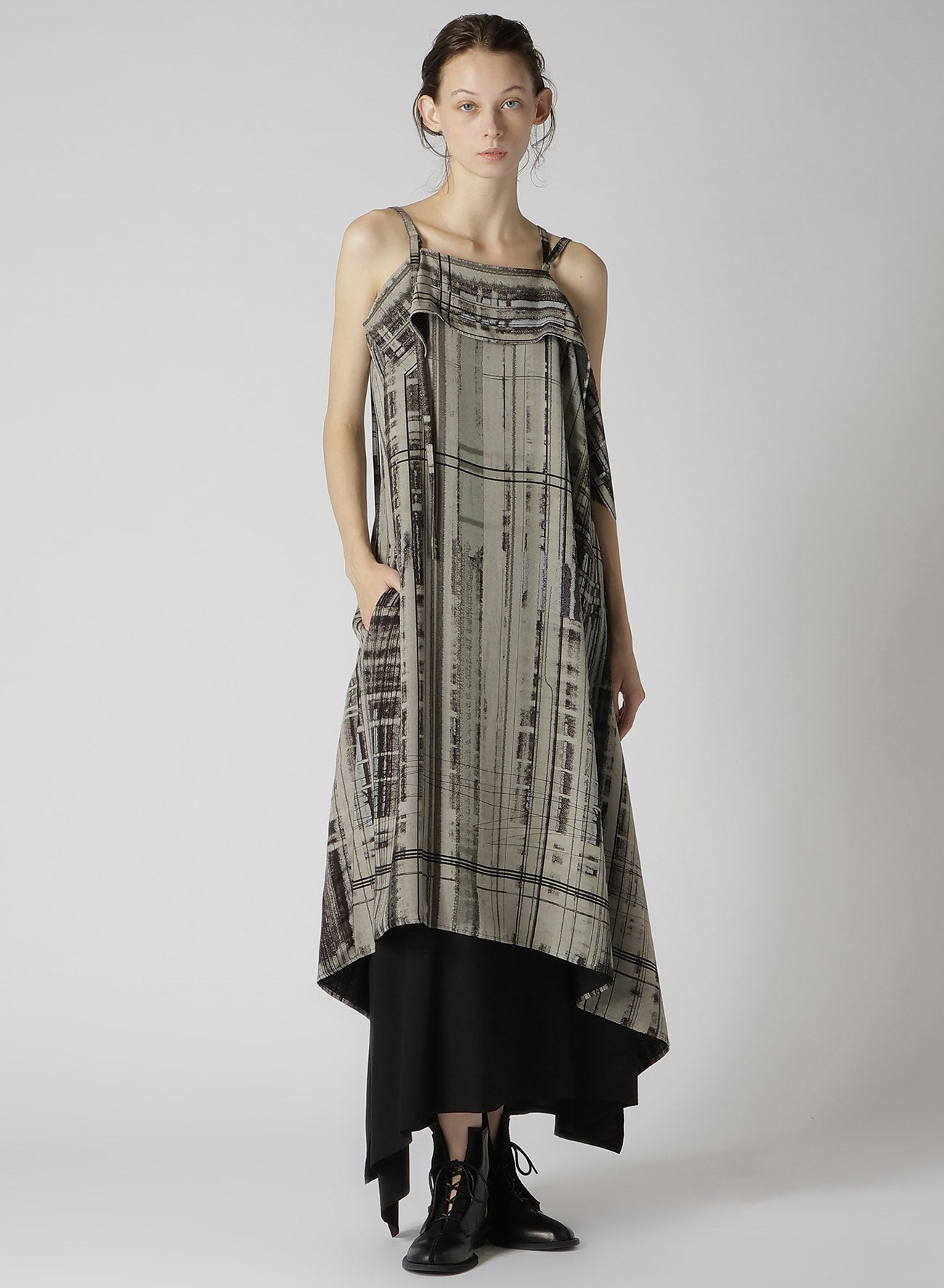 HAND DRAWING PLAID PRINT LACE UP DRESS