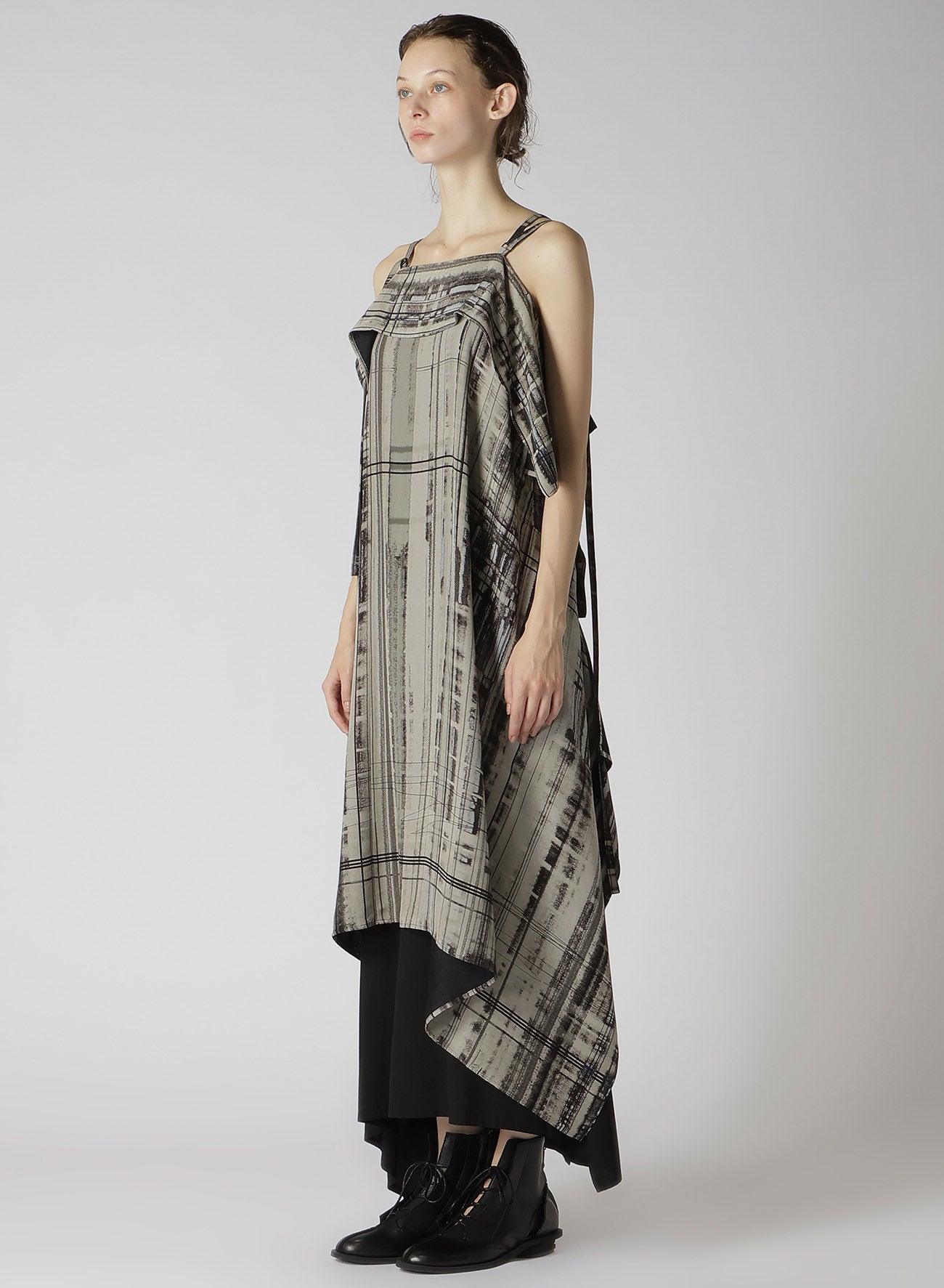 HAND DRAWING PLAID PRINT LACE UP DRESS