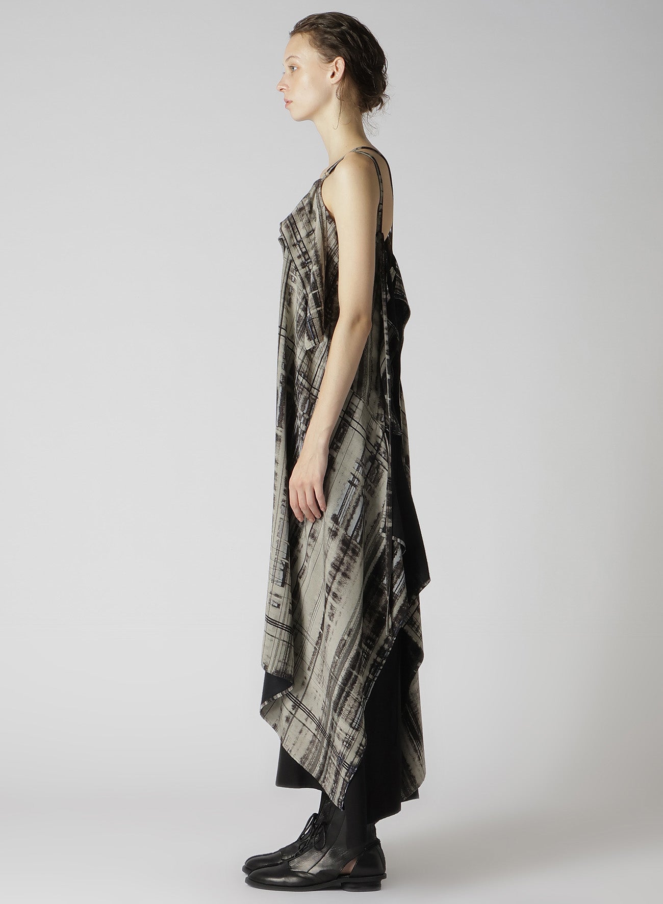 HAND DRAWING PLAID PRINT LACE UP DRESS