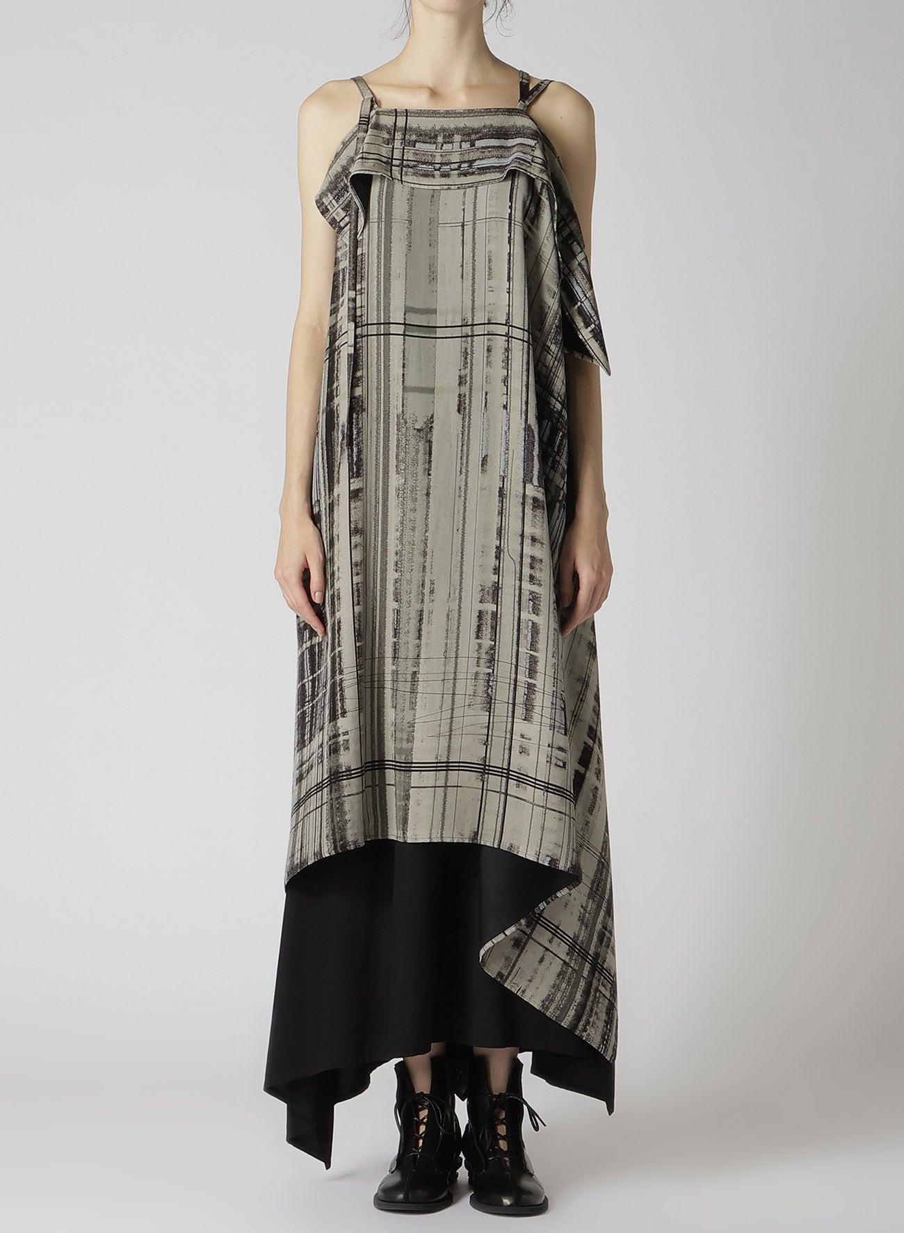 HAND DRAWING PLAID PRINT LACE UP DRESS