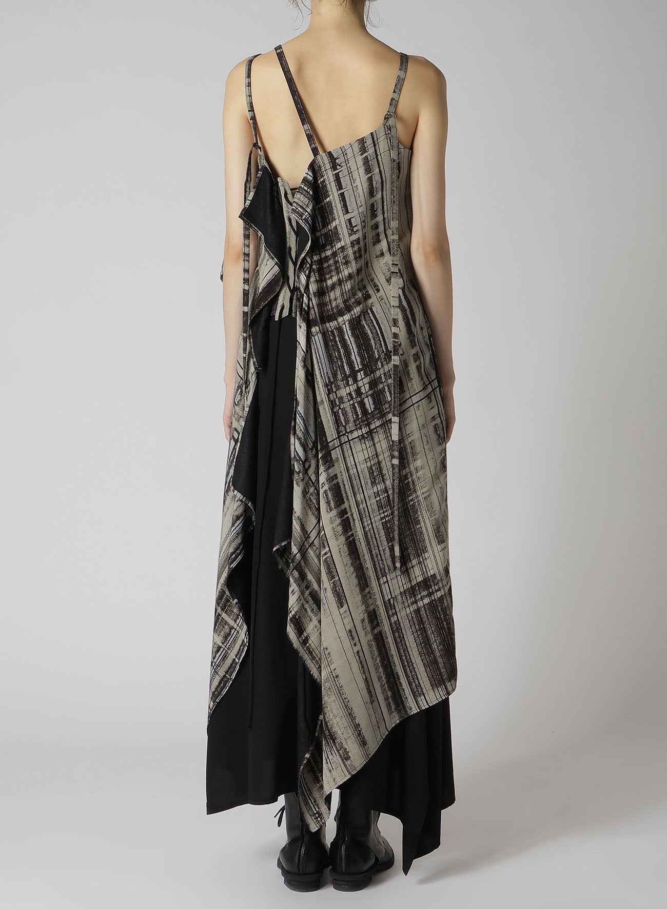 HAND DRAWING PLAID PRINT LACE UP DRESS