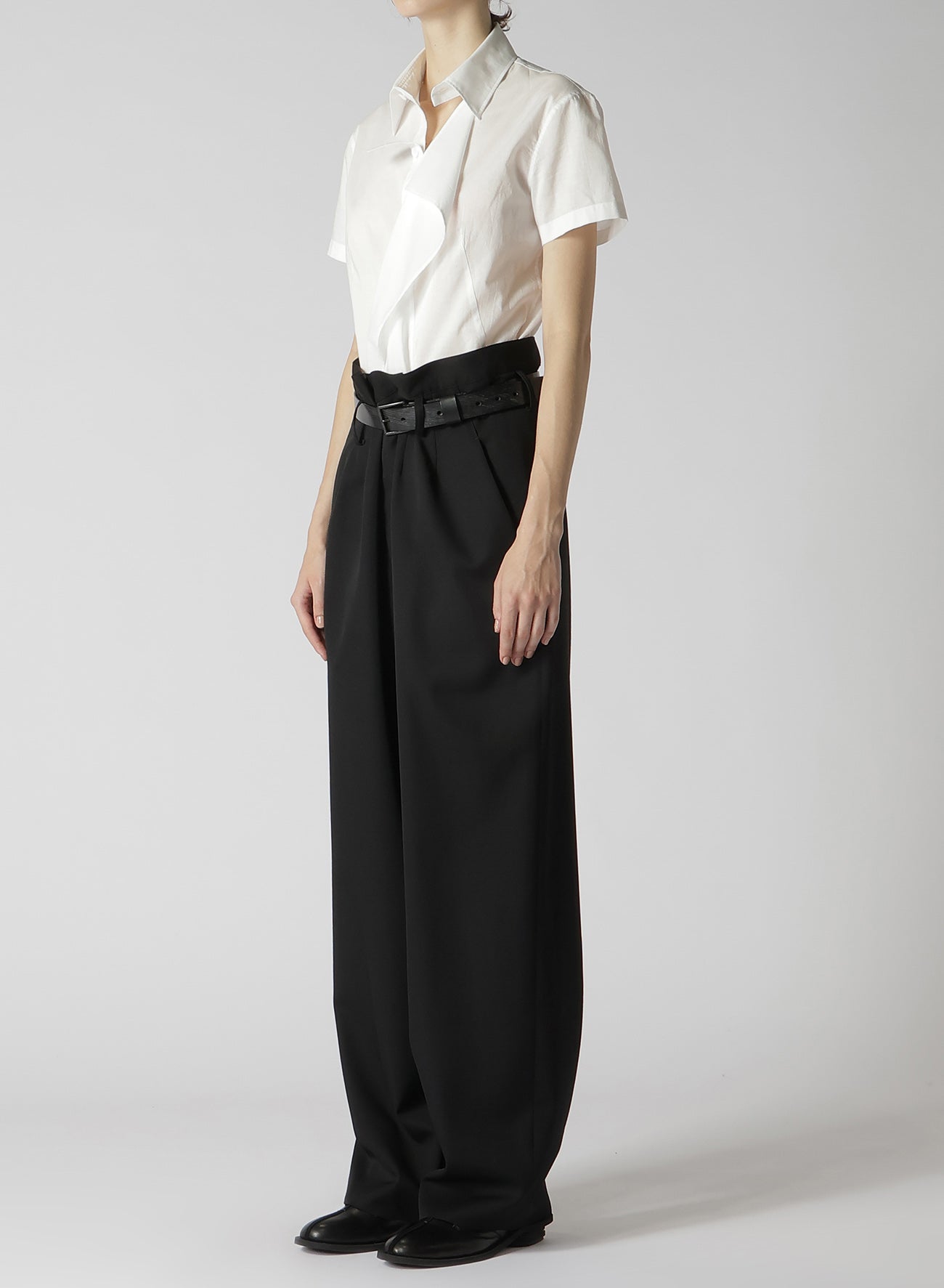 WOOL GABARDINE HIGH WAIST BELTED PANTS