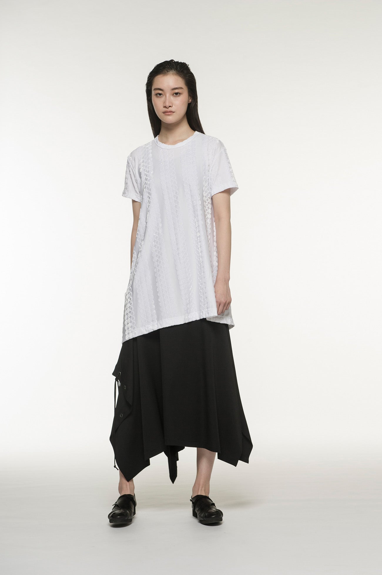 Rayon Velour Dot Stripe Jacquard Asymmetric T-shirt