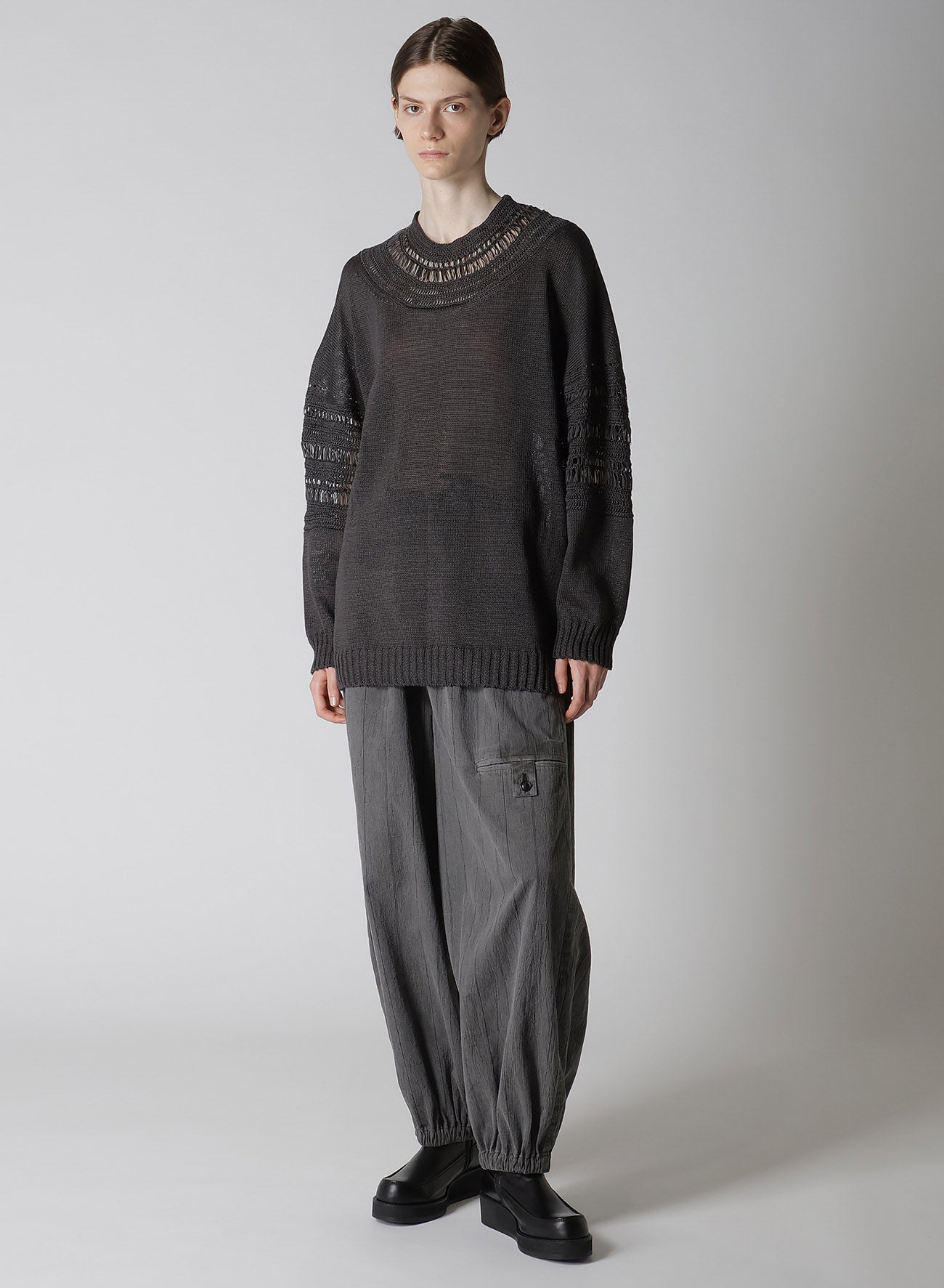 JERSEY+BROAD STITCH CROCHET LONG SLEEVE PULLOVER