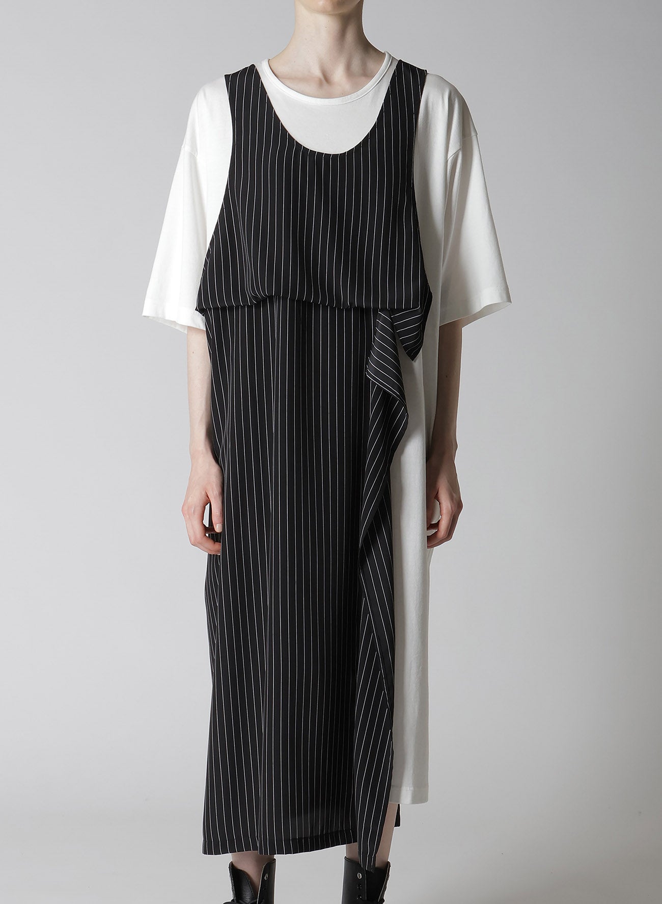 POLYESTER DE CHINE STRIPE CONBI HALF SLEEVE DRESS