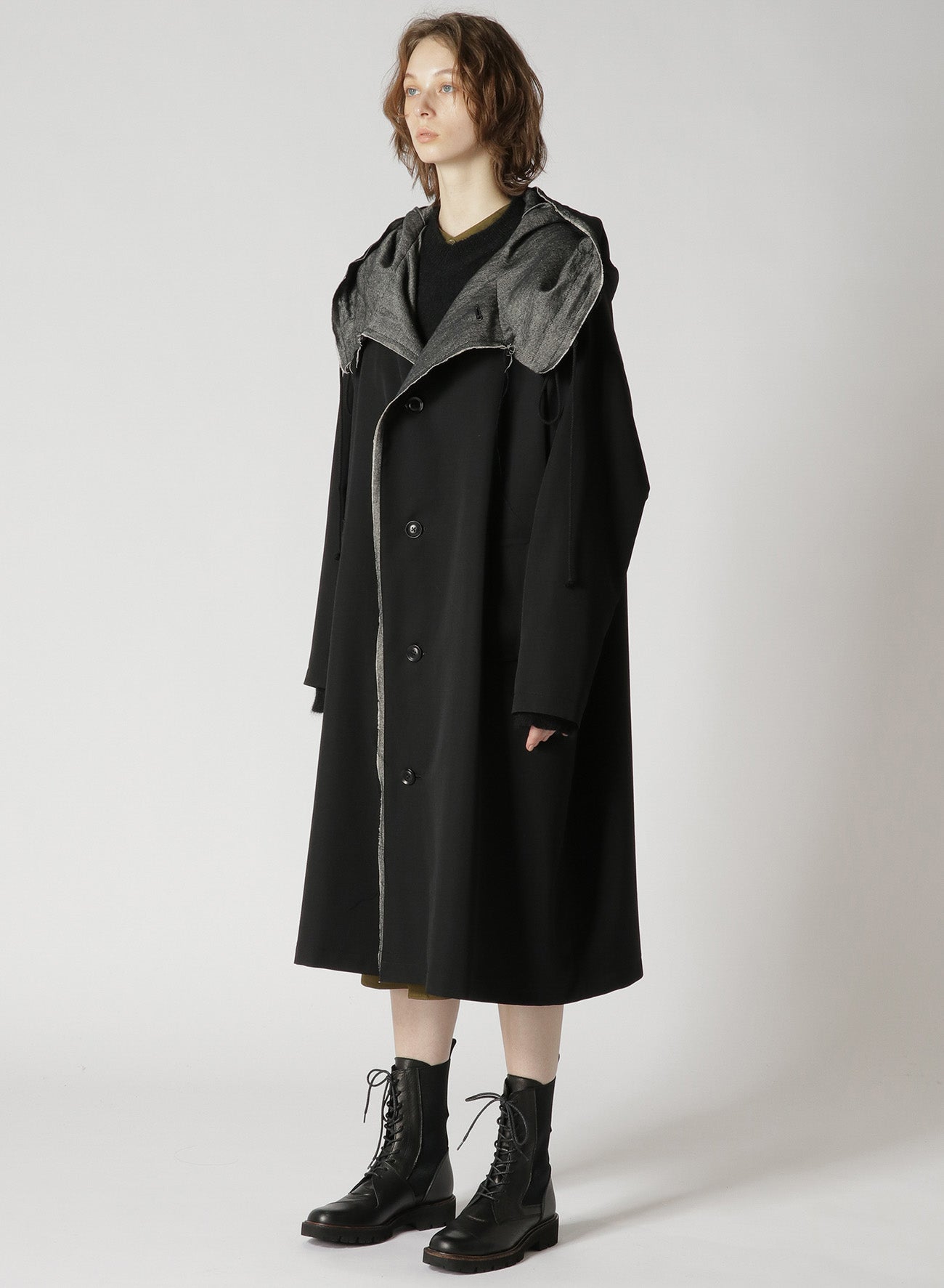 WOOL GABARDINE COAT WITH BIG HOOD