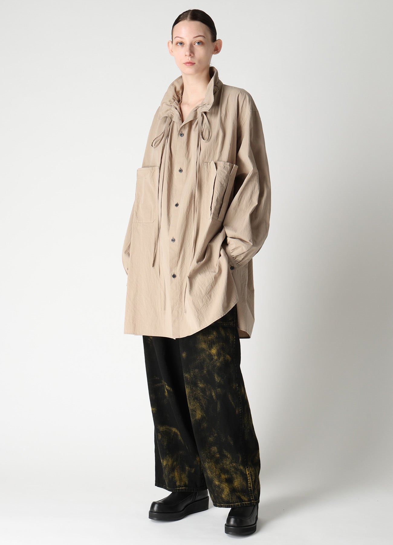 COTTON FLAX GATHERED COLLAR BLOUSE